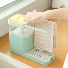 Liquid Soap Dispenser Kitchen Towel Rack Sponge Holder Bathroom 3-in-1 Manual Press Box Multifunctional Cleaning Combination