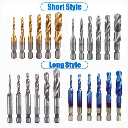 1/6PCS Titanium Plated Hex Shank HSS Screw Thread Metric Tap Drill Bits 3 In 1 Compound Bit M3 M4 M5 M6 M8 M10 Hand Tools