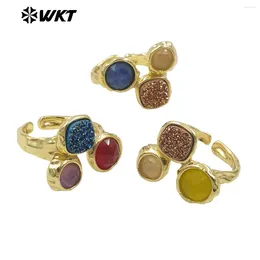 Cluster Rings WT-R521 Wholesale 18K Real Gold Plated Triple Druzy Quartz Women Natural Stone Made Birthday Gift Ring 10pcs