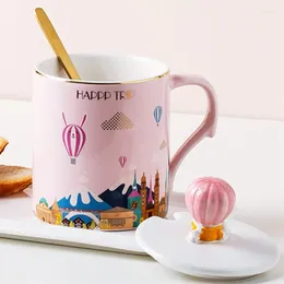 Mugs Nordic Ceramic Cute Hand Painted Castle Balloon Coffee Mug With Lid And Spoon Couple Tea Cup Creative Office Breakfast Milk