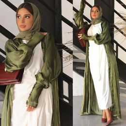 Ethnic Clothing Open Abaya Satin Shiny Luxury Muslim Women Islamic Clothes Turkey Dubai Middle East Maxi Robe Solid Color Full Sleeve