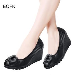 EOFK Wedges Platform Elegant Boat Shoes Slipon Pumps Genuine Leather Woman Womens High Heels Shallow Lady 240329