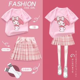 Kawaii Sanrioed My Melody Kuromi Girls Pleated Skirt Set Fashion Dress Preppy Jk Suit Short Sleeve Summer Girls Clothes Gift