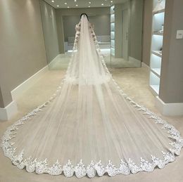4M Wedding Veils With Lace Applique Edge Long Cathedral Length Veils One Layer Tulle Custom Made Bridal Veil With Comb6280384