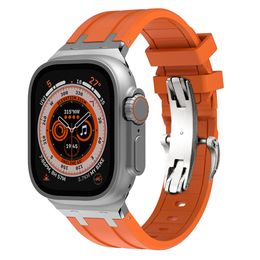 Lämplig för AppleWatch78Se Ultra2 Generation Watch Silver Bow Buckle Liquid Silicone Strap 38 40 41mm