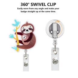 6 Designs Cute Glitter Acrylic Sloth Badge Reel Retractable ID Badge Holder With 360 Rotating Alligator Clip Nurse Name Holder