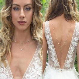Rhinestone Inlaid Long Drop Bridal Back Necklace Lady Body Chain Wedding Jewellery Bridal Back Necklace