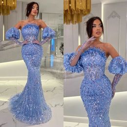 Crystal Evening Dresses Sky Blue Mermaid Fabulous Elegant Puffy Sleeves Pärlade Prom Dress Rhinestones Golvlängd Formella klänningar för kvinnor