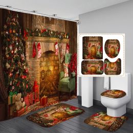 Christmas Fireplace Shower Curtain Set,Merry Christmas Christmas Eve Stocking Bathroom Shower Curtain Set with Anti-slip Mat,Rug