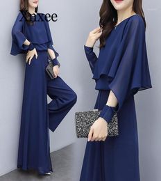 Spring Summer Elegant Two Piece Set Women Chiffon Batwing Sleeve ShirtHigh Waist Wide Leg Pants Sets Lady Trouser Suits Navy Wome6762751