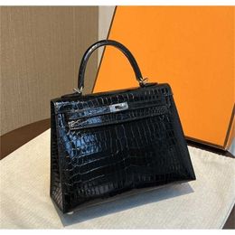 Handtasche Crocodile Leder 7A Qualität echte Handsüten mit 25 cm Real WomenxSSQ genäht