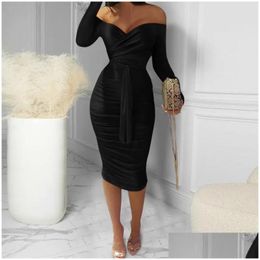 Basic Casual Dresses Y For Women Elegant Long Sleeve Bodycon Dress Autumn Off Shoder Lace Up Red Party Clubwear Drop Delivery Apparel Dhwqt