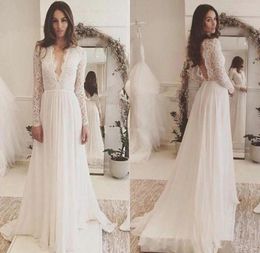 Lace Chiffon Long Sleeve Plus Size Wedding Dresses Simple Cheap Vneck Backless Sweep Train Country Flowy Beach Wedding Gown9583465