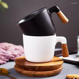 Mugs 280ml Simple Art Ceramic Matte Black And White Coffee Cup Set Home Afternoon Tea Flower Wooden Handle Luxury Couple Mug