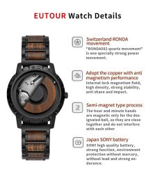 Brand EUTOUR Men's Wood Magnetic Ball Watches Luxury Sport Quartz Waterproof Watch Solid Wooden Strap Male Clock Mens Wristwatch