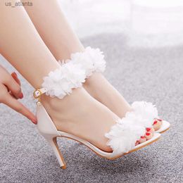 Dress Shoes Crystal Queen Women White Lace Flower Bridal Pumps Wedding Peep Toes Sandals Buckle Strap Thin Sexy High Heels H240409