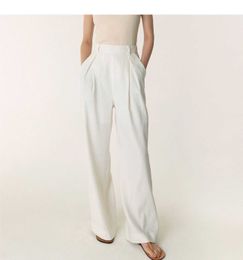 Women Casual Everyday Outfit White Linen High Rise Pleated Wide Leg Pants