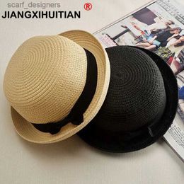 Wide Brim Hats Bucket Hats 2017 new Lady Boater sun caps Ribbon Round Flat Top Straw Fedora Panama Hat summerhats for women straw hat snapback gorras Y240409