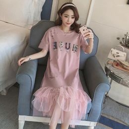 Party Dresses 2024 Spring Summer Women Sweet Loose Hole Short-Sleeved Shirt Dress Mesh Stitching Fishtail Knee-Length Pink Black