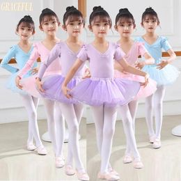 Stage Wear Ballet Dress Gymnastics Leotards For Girls Kids Short Sleeve Dancewear Gauze Skirts Bowknot Dance