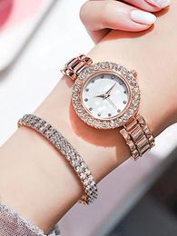 Wristwatches 3pcs Fashionable Long Flowing Diamond Petal Circular WOMEN'S Steel Band Quartz Wristwatch With Bracelet Set