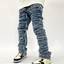 Retro Hole Ripped Distressed Jeans for Men Straight Washed Harajuku Hip Hop Loose Denim Trousers Vibe Style Casual Jean Pants 240328