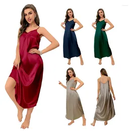 Women's Sleepwear Ice Silk Satin Causal Nightgown Long Slip Sleep Dress V Neck Sling Solid Colour Loose Nightwear