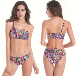 2024 New Style Sexy Diagonal Shoulder One Shoulder Fashion Fragmented Flower Swimsuit Women's Large Bikini Swimsuit