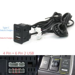 Car Dash Flush Mount 4 6Pin Dual Type-C USB Port Switch Panel 3.5mm AUX RCA Interface Cable Adapter Android Multimedia Head Unit
