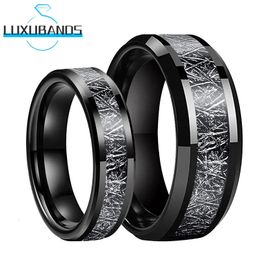 Tungsten Carbide Couple Wedding Rings Beveled Edge 8mm 6mm Black Meteorite Inlay Polished Finish Men Womens Jewelry Fashion 240401