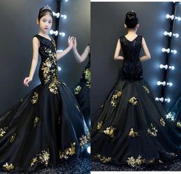 Gold And Black Mermaid Girls Pageant Dresses 2019 Vneck V Back Sequined Tulle Toddler Party Dress Special Occasion Dresses Kids F2240930