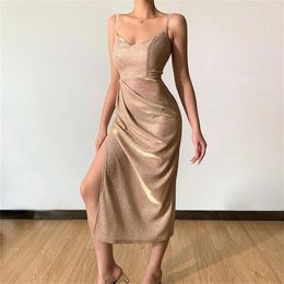 Casual Dresses Women Spaghetti Strap Shiny Slim Midi Wedding Evening Summer Sexy Y2k Party Lady Backless High Slit Ruched Elegant Dress