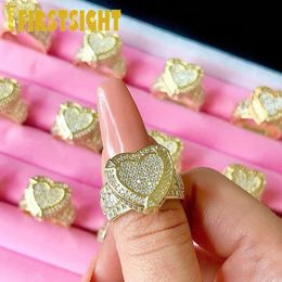 Gold Silver Colour CZ Heart Ring Silver Colour Full Iced Out Bling Cubic Zircon Hearts Ring Hip Hop Punk Men Women Jewellery 240409