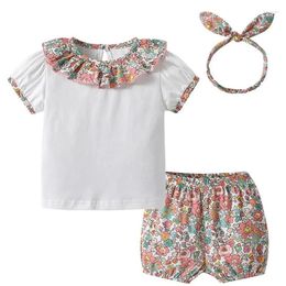 Clothing Sets 2024 Baby Girl Summer T Shirt And Shorts Suits Children Casual Short Sleeve White Blouse Floral With Headwear 3PCS