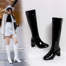 Big Size Women Knee High Boots Red Black Patent Leather Block Heels Party Office Lady Square Toe Autumn Winter Zipper Long Shoes