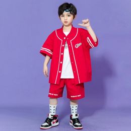 Boy Summer Clothing Kids Baseball Shirt Short Sleeve Top Cargo Shorts Children Hip Hop Outfits Teenager Jazz Dance Costume 3-16Y