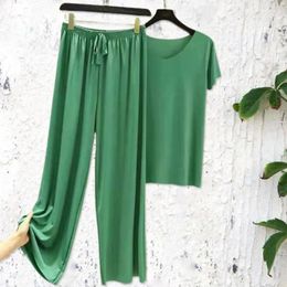 Trendy Pleated Solid Colour Stretchy Waist Summer Tshirt Pants Set Drawstring Women Lady Garment 240329