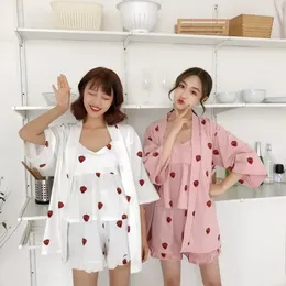 Home Clothing Korean Style Women's Sleepwear Strawberry Print Spaghetti Strap Cami Shorts Robe Pajama Three-Pieces Sets