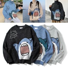 Sweatshirts 2022 Winter Korean Style Sweater Men High Neck Harajuku Turtlenecks Shark Patchwor Oversized Women Sweater Grey Turtleneck Men