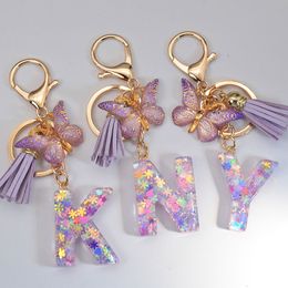 A-Z Letter Keychain Women Shiny Sequin Initial Keyrings Resin Couple Butterfly Tassel Pendant Handbag Car Key Rings Jewellery Gift