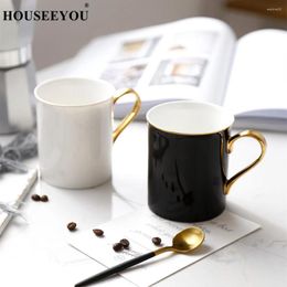 Mugs HOUSEEYOU Nordic Bone China Coffee Mug With Gold Handle Spoon Lid For Home Office School Tea Water Milk Beer Drinks Teacup