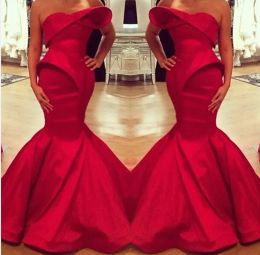 2024 Latest Prom Dresses Sexy Strapless Sleeveless Backless Red Satin Mermaid Evening Gowns Custom Made Sweep Train Special Occasion Dress