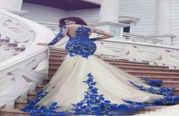 Gorgeous Royal Blue And White Mermaid Prom Dresses Illusion Long Sleeves Appliques Tulle Lace Saudi Arabic Plus Size Evening Gowns3557838