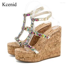 Sandals Kcenid Colorful Rhinestone Women Platform Wedge Sandal Summer 2024 Fashion T-Strap High Heels Wooden Bottom Female Shoes