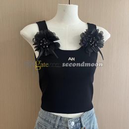 Flower Decoration Vest Women Rhinestone Letter Vests Solid Colour Luxury Tanks Top Knitted Tees