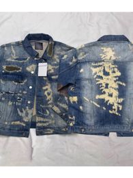 Jaqueta jeans 21fw jackets artesanais homens homens queimados boro jacaces de bolso de bolso lavado com lágrimas colagem usada com cowboy masculino moda 2024