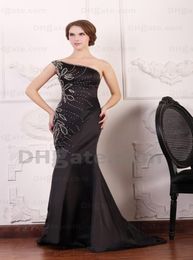 2015 Sexy Black Satin Mermaid Prom Dresses One Shoulder Beaded Sequins Evening Gowns HW0844763431