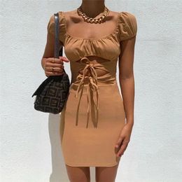 Casual Dresses Summer Women Sexy Off Shoulder Bodycon Hollow Out Lace-up Slim Brown Square Neck Short Sleeve Mini Dress Streetwear