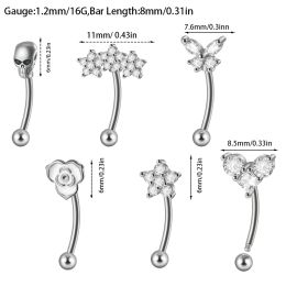 1PC Surgical Steel Skull Butterfly Flowers Heart Cz Eyebrow Ring Curved Barbell Ear Cartilage Tragus Helix Body Piercing Jewellery