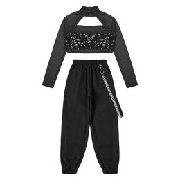 Girls Hip Hop Clothes 2 Piece Outfits Sequin Cutout Crop Tops Cargo Pants Set Jazz Street Dancewear Performance Costume for Kids